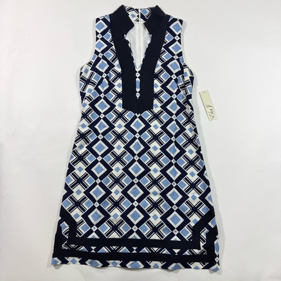 New Eliza J Linen Blend Dress Blue Geometric Print - Picture 1 of 6